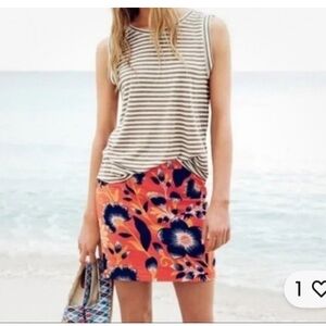 J. Crew Orange Linen Mini Skirt w/ Blue Floral Print, Size 2